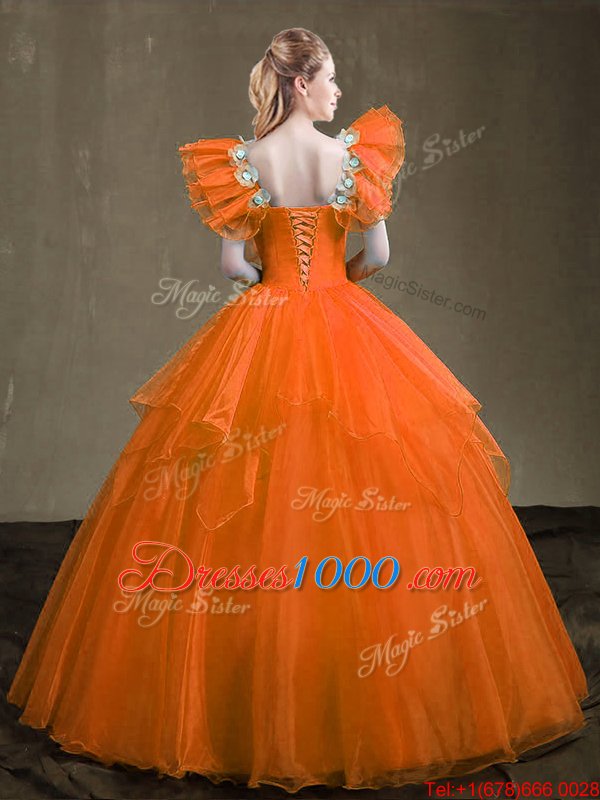 Modest Orange Red Ball Gowns Appliques and Ruffles Quinceanera Gown Lace Up Organza Sleeveless Floor Length