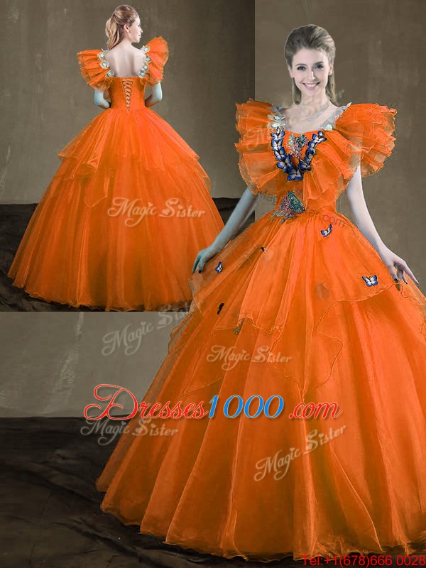 Modest Orange Red Ball Gowns Appliques and Ruffles Quinceanera Gown Lace Up Organza Sleeveless Floor Length
