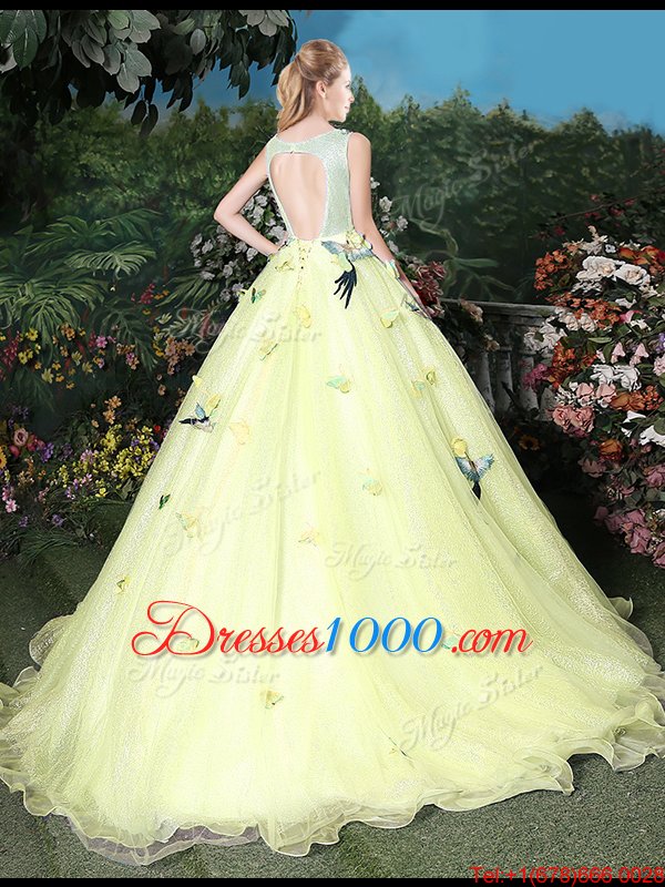 Glamorous Organza Scoop Sleeveless Brush Train Zipper Appliques Quinceanera Gowns in Light Yellow