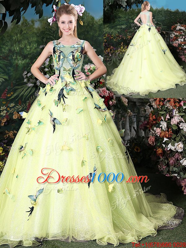 Glamorous Organza Scoop Sleeveless Brush Train Zipper Appliques Quinceanera Gowns in Light Yellow