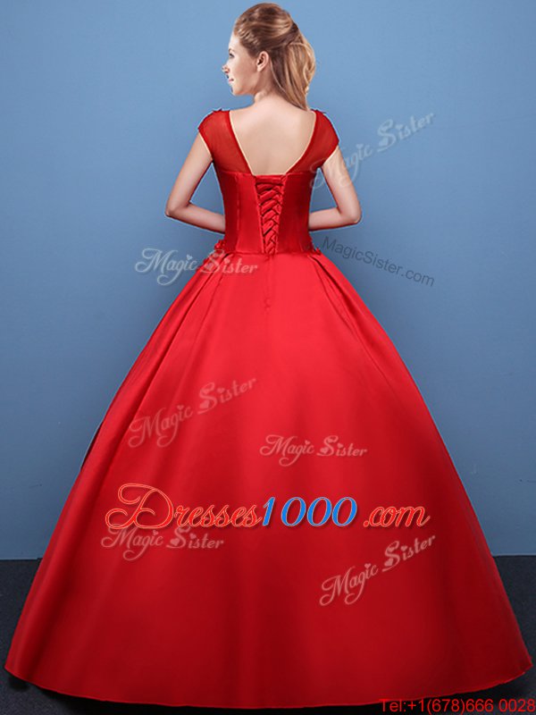 Popular Scoop Cap Sleeves Lace Up Floor Length Appliques Quinceanera Dress