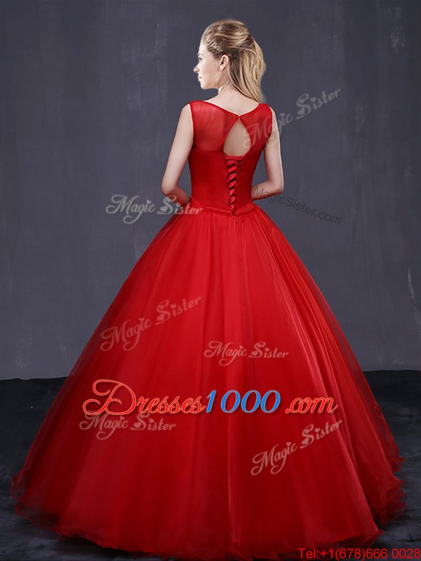 Scoop Red Lace Up Sweet 16 Dress Beading and Embroidery Sleeveless Floor Length