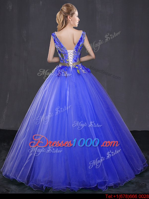 Captivating V-neck Sleeveless Tulle 15th Birthday Dress Appliques and Belt Lace Up