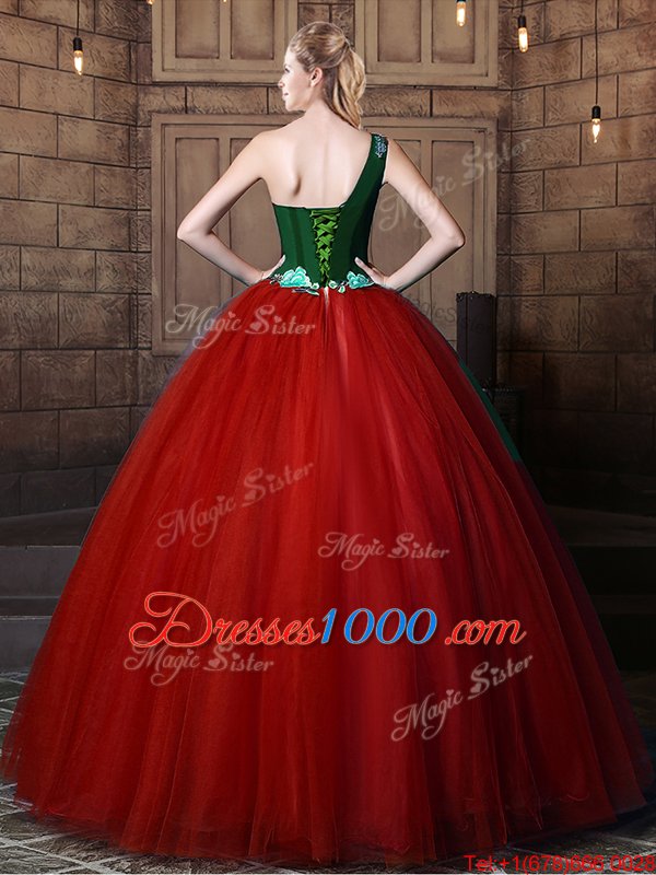 Deluxe One Shoulder Rust Red Sleeveless Tulle Lace Up 15th Birthday Dress for Military Ball and Sweet 16 and Quinceanera