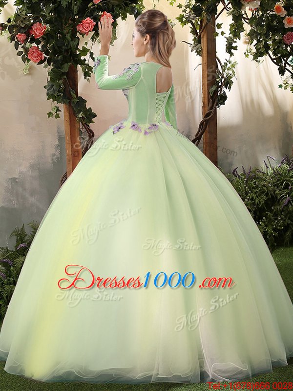 Scoop Long Sleeves Floor Length Appliques Lace Up Sweet 16 Dresses with Light Yellow
