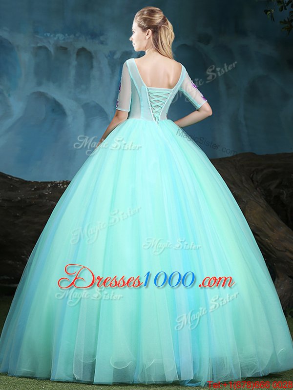 Spectacular Tulle Scoop Half Sleeves Lace Up Appliques 15th Birthday Dress in Apple Green