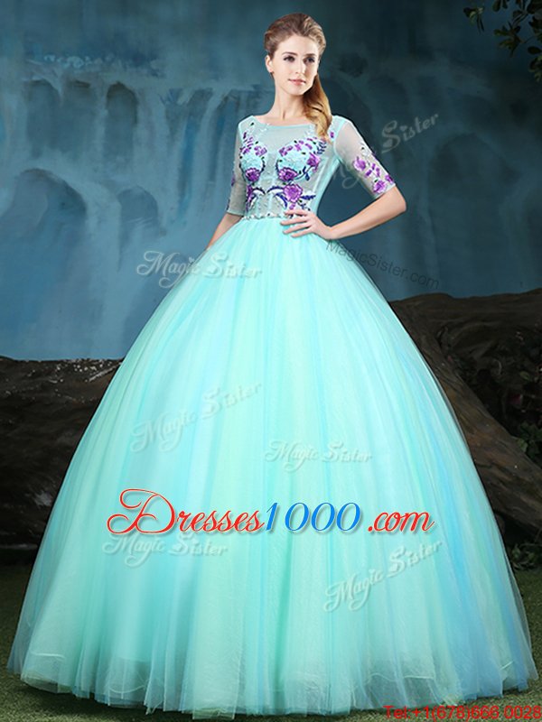 Spectacular Tulle Scoop Half Sleeves Lace Up Appliques 15th Birthday Dress in Apple Green