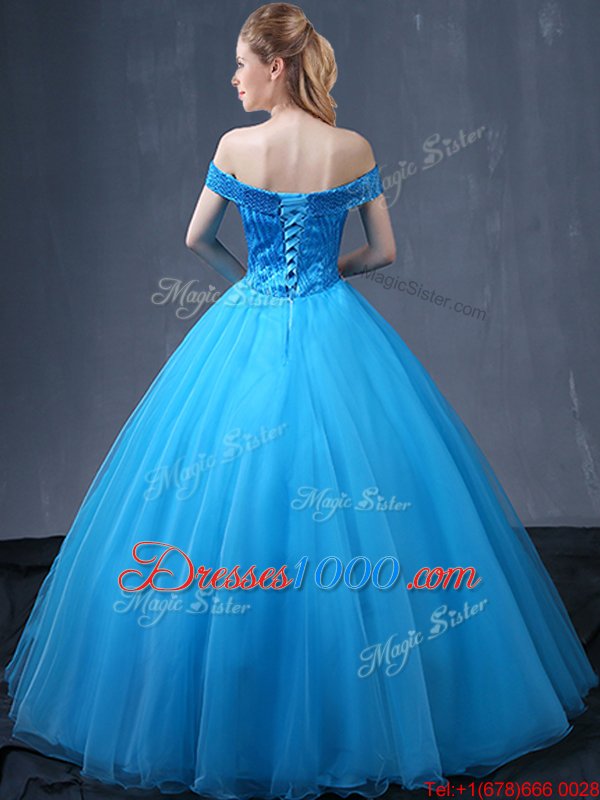 Flirting Off the Shoulder Baby Blue Sleeveless Beading and Appliques Floor Length Quince Ball Gowns