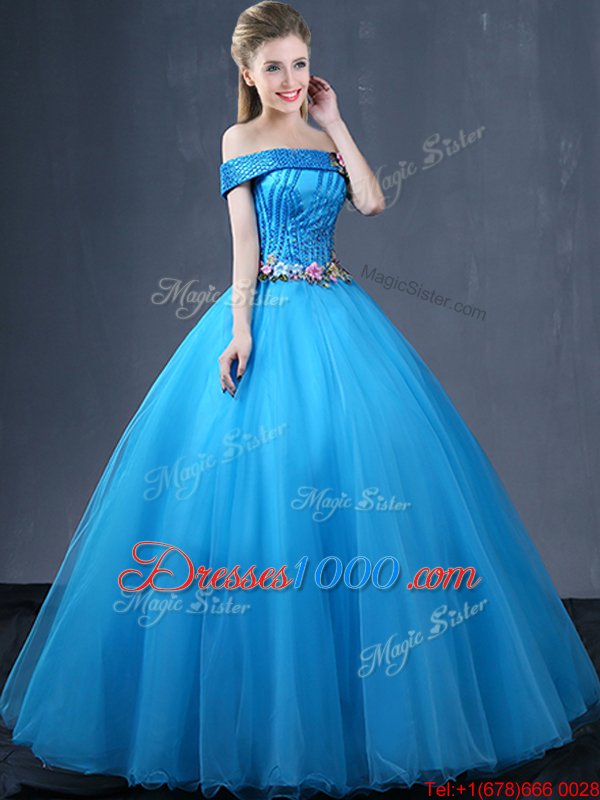 Flirting Off the Shoulder Baby Blue Sleeveless Beading and Appliques Floor Length Quince Ball Gowns