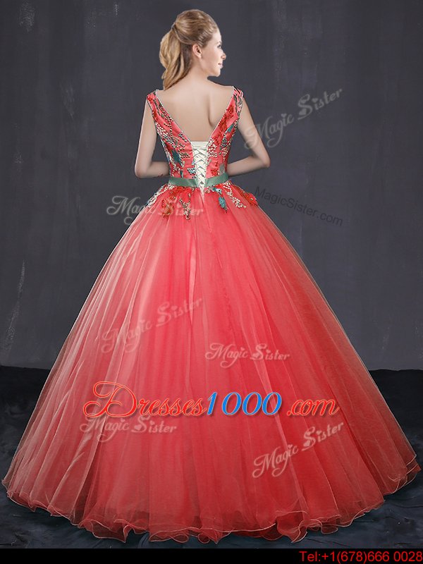 Coral Red Ball Gowns Appliques and Belt 15 Quinceanera Dress Lace Up Tulle Sleeveless Floor Length