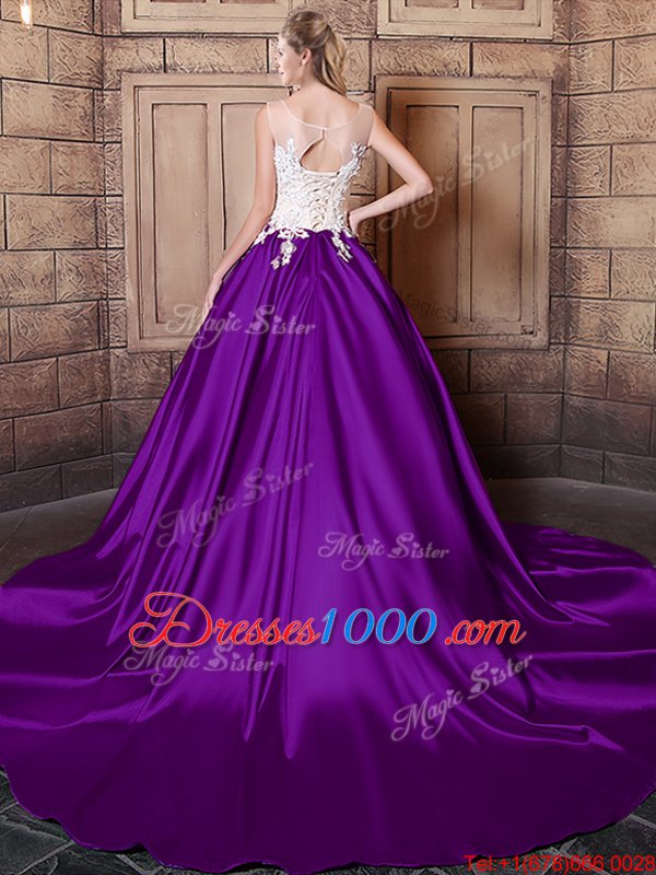 Scoop Lace and Appliques Sweet 16 Dresses Purple Lace Up Sleeveless Court Train