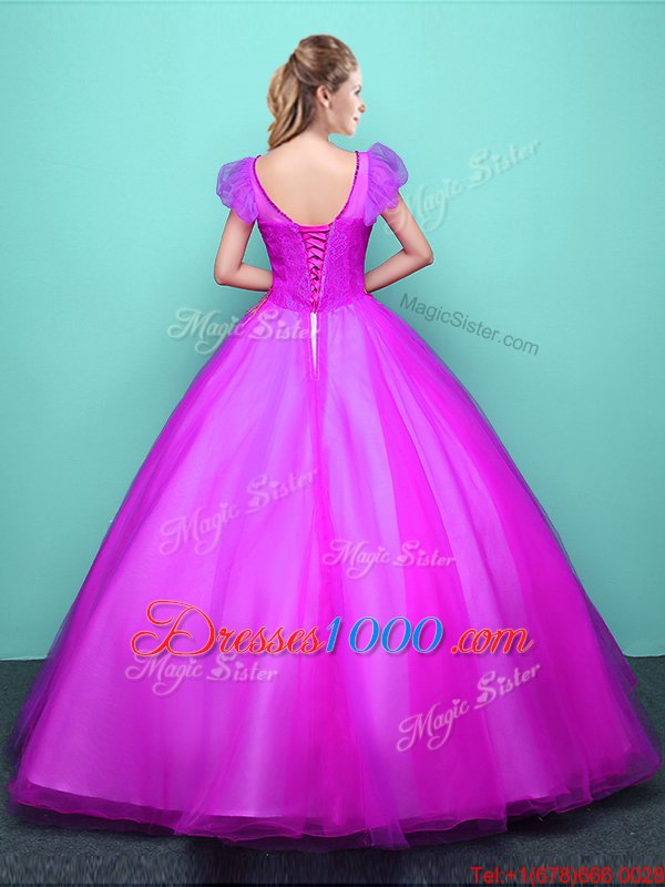 Fine Floor Length Fuchsia Quinceanera Gown Scoop Short Sleeves Lace Up