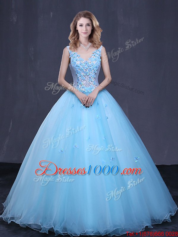 Light Blue Sleeveless Tulle Lace Up Sweet 16 Dress for Military Ball and Sweet 16 and Quinceanera