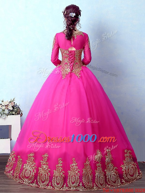 Fuchsia Ball Gowns Tulle Scoop Long Sleeves Appliques Floor Length Lace Up Quince Ball Gowns