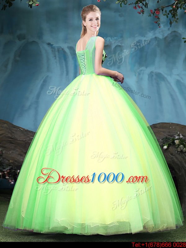 Exceptional Sleeveless Tulle Floor Length Lace Up Quinceanera Gown in Multi-color for with Appliques