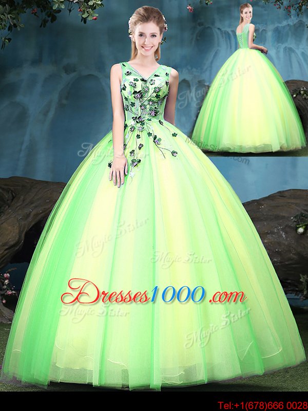 Exceptional Sleeveless Tulle Floor Length Lace Up Quinceanera Gown in Multi-color for with Appliques