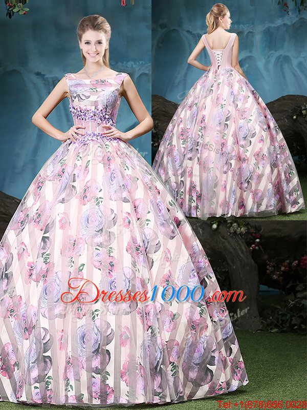Eye-catching Straps Straps Sleeveless Appliques and Pattern Lace Up Quince Ball Gowns