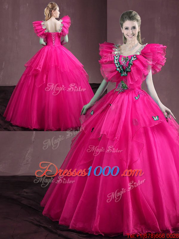 Floor Length Ball Gowns Sleeveless Hot Pink 15th Birthday Dress Lace Up