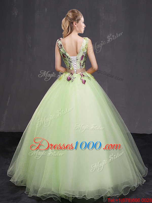 Yellow Green Tulle Lace Up V-neck Sleeveless Floor Length Quinceanera Gowns Appliques and Belt