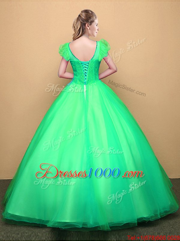 Customized Turquoise Ball Gowns Scoop Short Sleeves Tulle Floor Length Lace Up Appliques Quince Ball Gowns