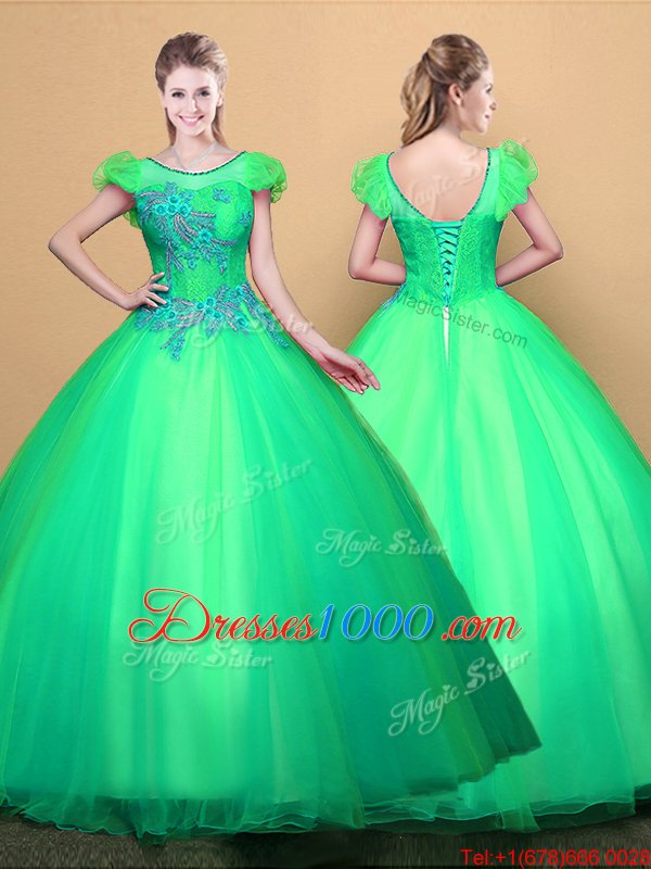 Customized Turquoise Ball Gowns Scoop Short Sleeves Tulle Floor Length Lace Up Appliques Quince Ball Gowns
