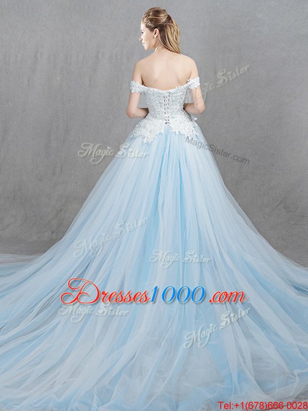 Off the Shoulder Sleeveless Chapel Train Appliques Lace Up Bridal Gown