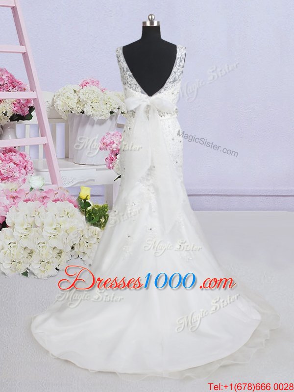 Dynamic Mermaid White Wedding Dress Wedding Party and For with Beading and Lace and Appliques and Bowknot Scoop Sleeveless Brush Train Backless