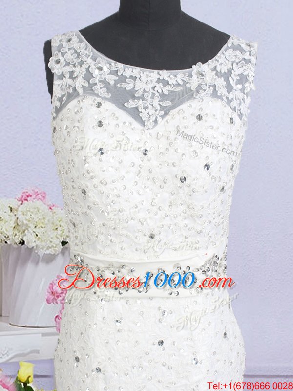Dynamic Mermaid White Wedding Dress Wedding Party and For with Beading and Lace and Appliques and Bowknot Scoop Sleeveless Brush Train Backless