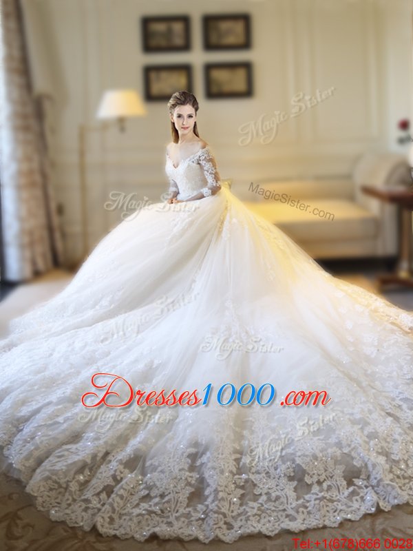 Inexpensive White Ball Gowns Tulle Off The Shoulder Half Sleeves Lace and Appliques Zipper Wedding Dress Cathedral Train