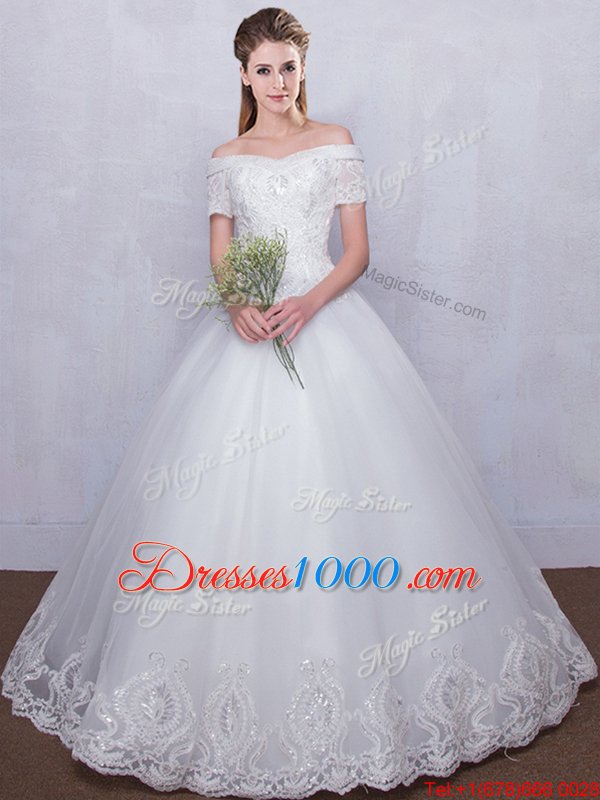 Shining Off the Shoulder Sleeveless Beading and Ruffles Lace Up Wedding Gown