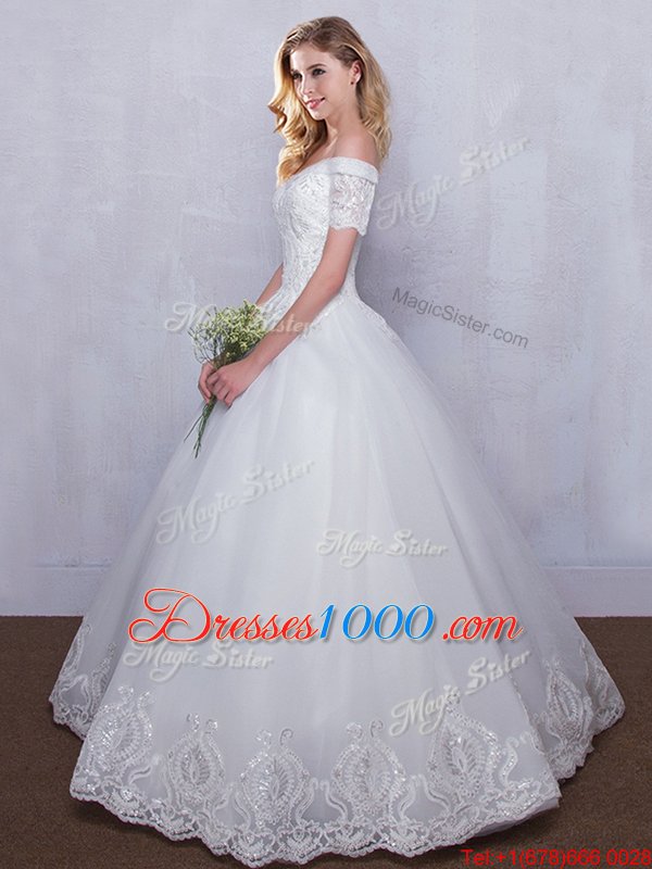 Shining Off the Shoulder Sleeveless Beading and Ruffles Lace Up Wedding Gown