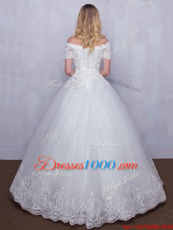 Shining Off the Shoulder Sleeveless Beading and Ruffles Lace Up Wedding Gown