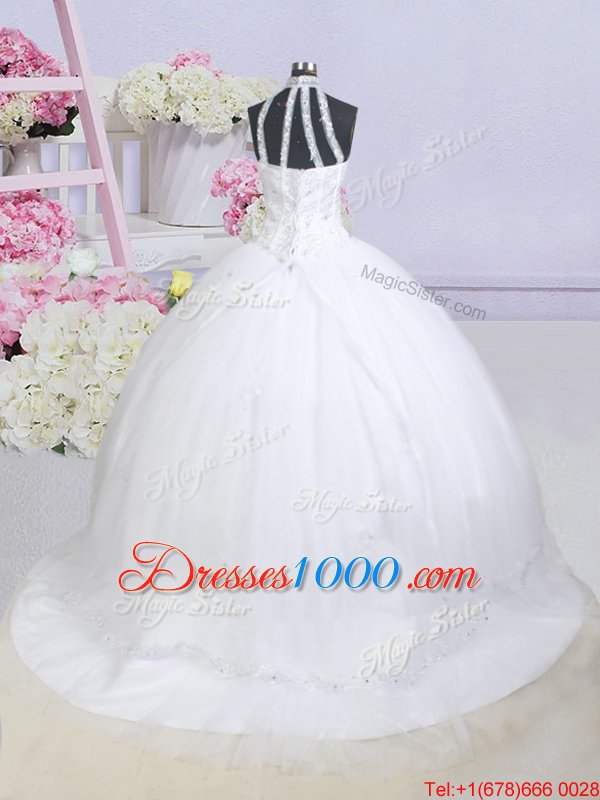 White Tulle Lace Up Halter Top Sleeveless With Train Wedding Dress Brush Train Beading and Appliques