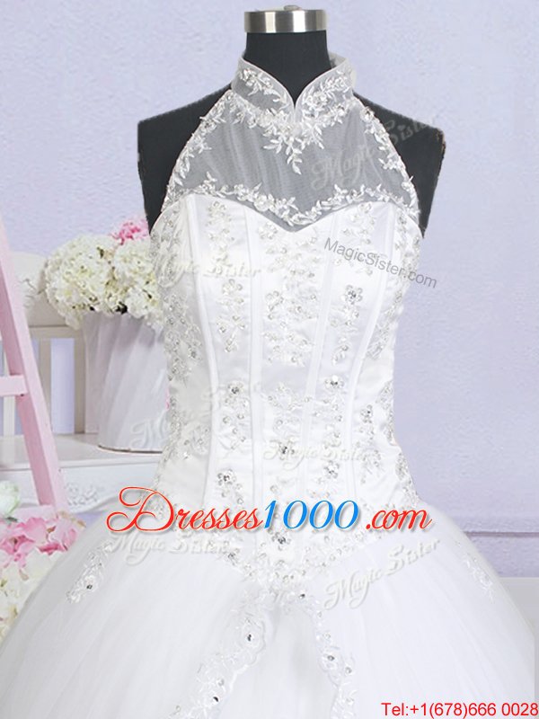 White Tulle Lace Up Halter Top Sleeveless With Train Wedding Dress Brush Train Beading and Appliques