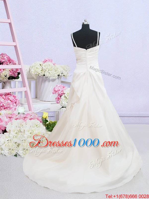 Ruching Bridal Gown White Zipper Sleeveless Brush Train
