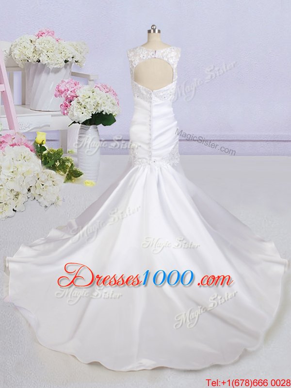 Classical Mermaid Backless Scoop Sleeveless Wedding Dresses Court Train Beading and Lace and Appliques White Satin