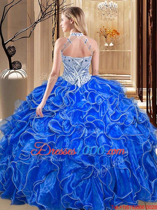 Comfortable Hot Pink Sweet 16 Dresses Military Ball and Sweet 16 and Quinceanera and For with Beading and Ruffles Halter Top Sleeveless Lace Up