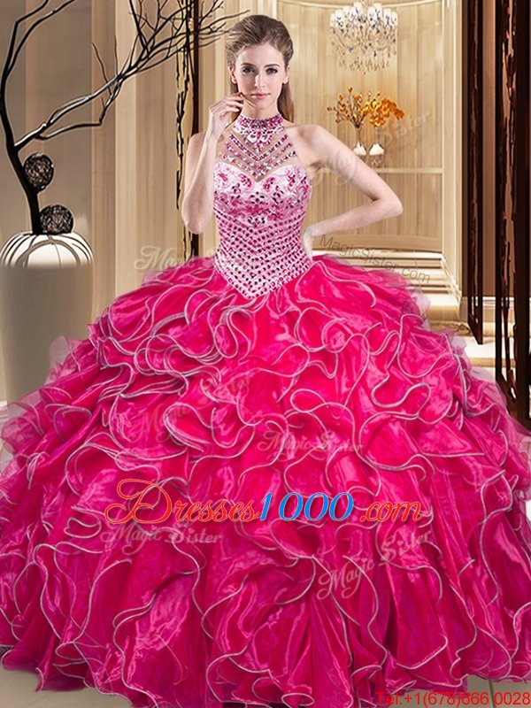 Comfortable Hot Pink Sweet 16 Dresses Military Ball and Sweet 16 and Quinceanera and For with Beading and Ruffles Halter Top Sleeveless Lace Up