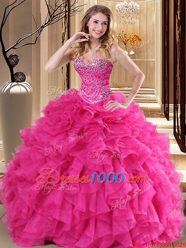 Fitting Organza Sweetheart Sleeveless Lace Up Beading and Ruffles Ball Gown Prom Dress in Hot Pink