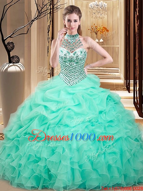 Free and Easy Apple Green Halter Top Neckline Beading and Ruffles and Pick Ups 15th Birthday Dress Sleeveless Lace Up
