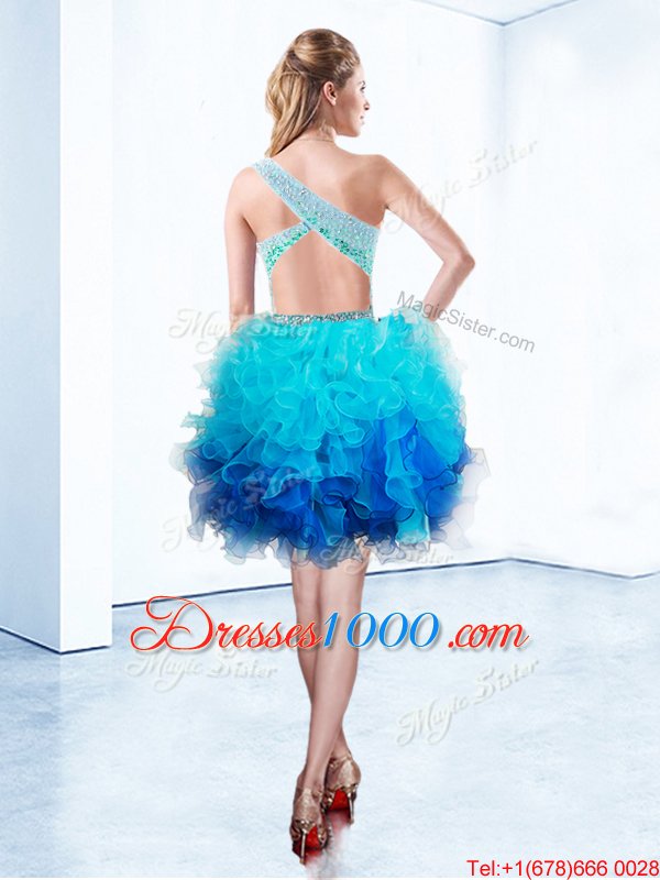 Pretty One Shoulder Sleeveless Beading and Ruffles Criss Cross Cocktail Dress