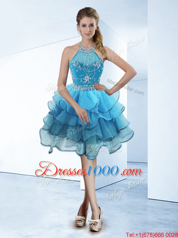 Baby Blue Halter Top Neckline Beading and Ruffled Layers Pageant Dress for Womens Sleeveless Zipper