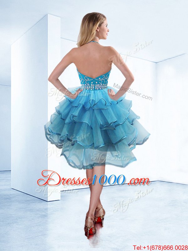Baby Blue Halter Top Neckline Beading and Ruffled Layers Pageant Dress for Womens Sleeveless Zipper