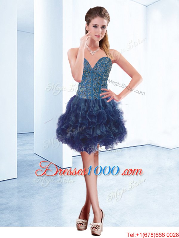 Stylish V-neck Sleeveless Custom Made Pageant Dress Mini Length Beading Navy Blue Organza