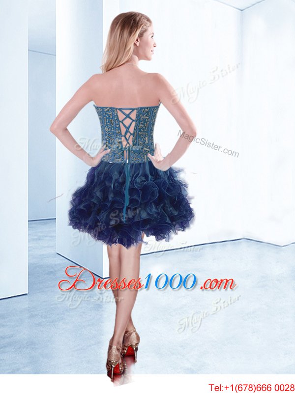 Stylish V-neck Sleeveless Custom Made Pageant Dress Mini Length Beading Navy Blue Organza