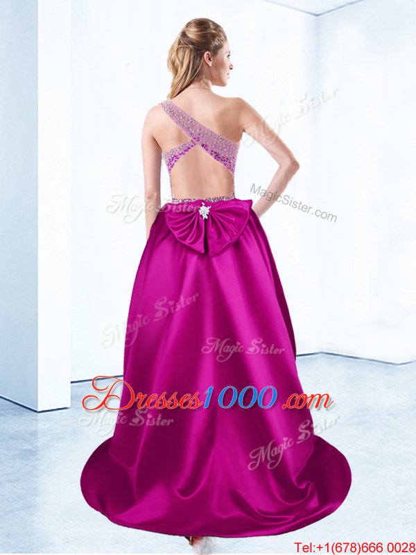 High Low Criss Cross Custom Made Pageant Dress Fuchsia and In for Prom and Party with Beading