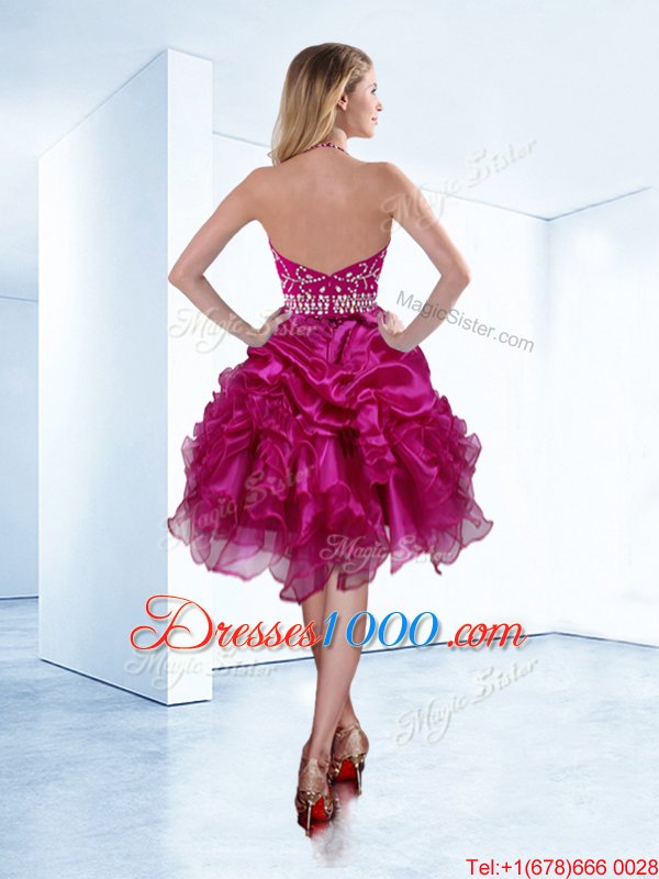 Fantastic Halter Top Fuchsia Zipper Pageant Dresses Beading and Ruffles and Pick Ups Sleeveless Knee Length
