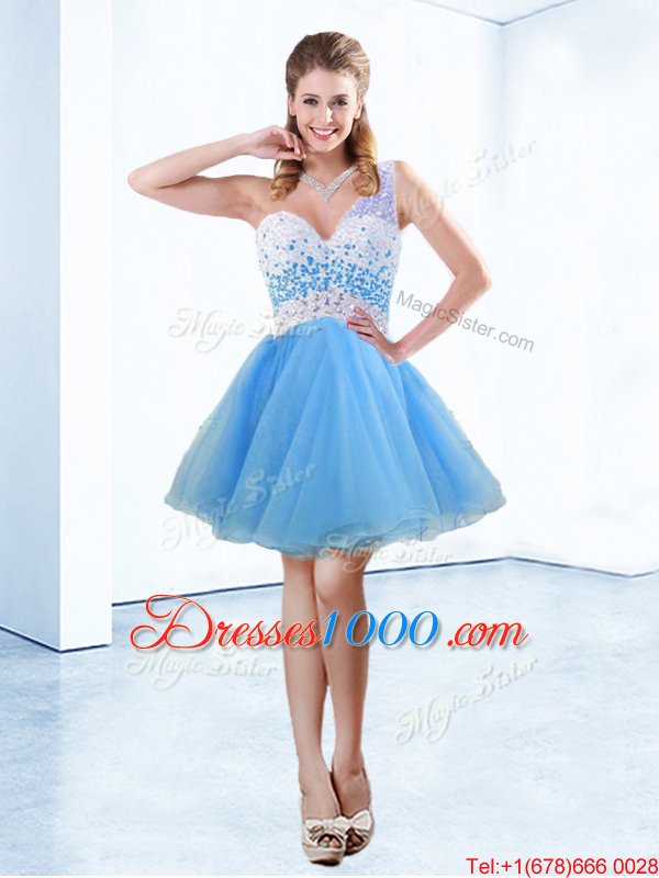 High Quality Baby Blue Pageant Dress Prom and Party and For with Beading One Shoulder Sleeveless Criss Cross