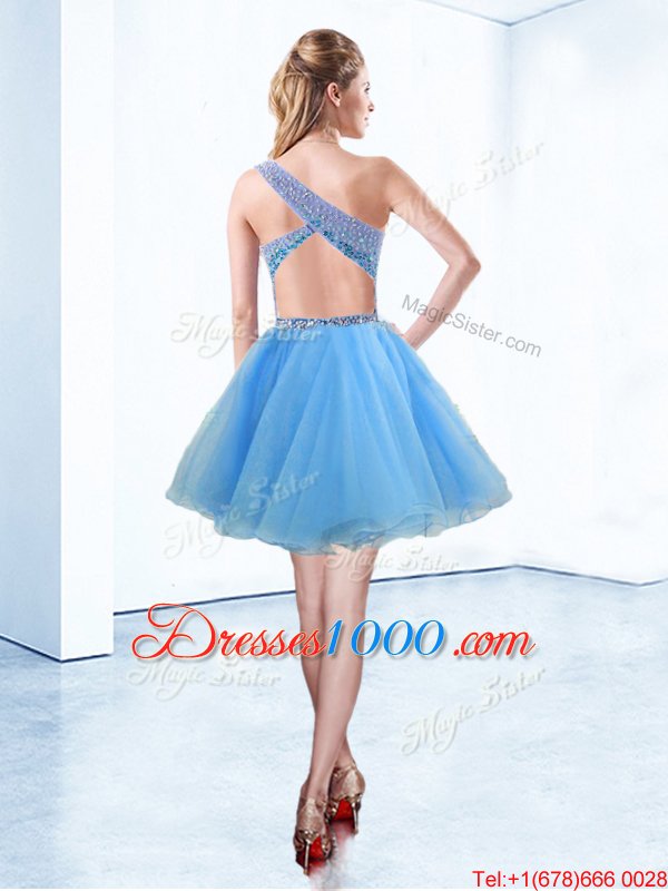 High Quality Baby Blue Pageant Dress Prom and Party and For with Beading One Shoulder Sleeveless Criss Cross