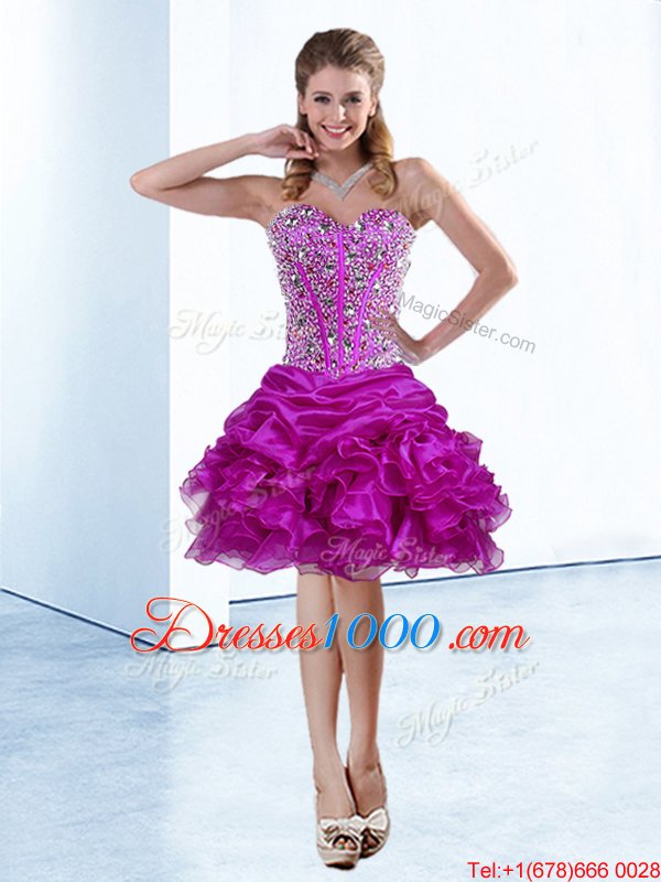 Super Fuchsia Sleeveless Beading and Ruffles and Pick Ups Knee Length Pageant Dress Wholesale